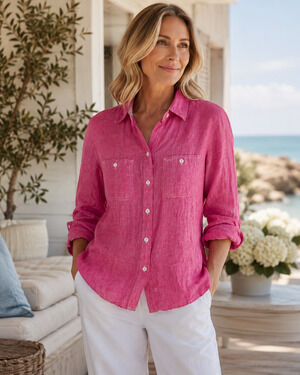 Foxcroft Womens Pink Button-Down Linen Shirt